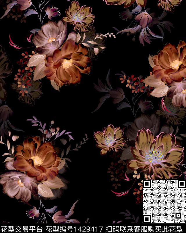 绿植树叶黑底花卉花卉数码印花华亿平台下载（图片编号: 1429417） - 瓦栏（Walan）