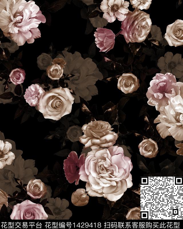 黑底花卉花卉香云纱数码印花华亿平台下载（图片编号: 1429418） - 瓦栏（Walan）