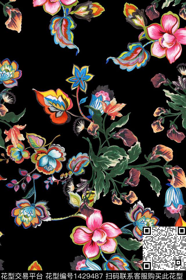 黑底花卉中老年花复古数码印花华亿平台下载（图片编号: 1429487） - 瓦栏（Walan）