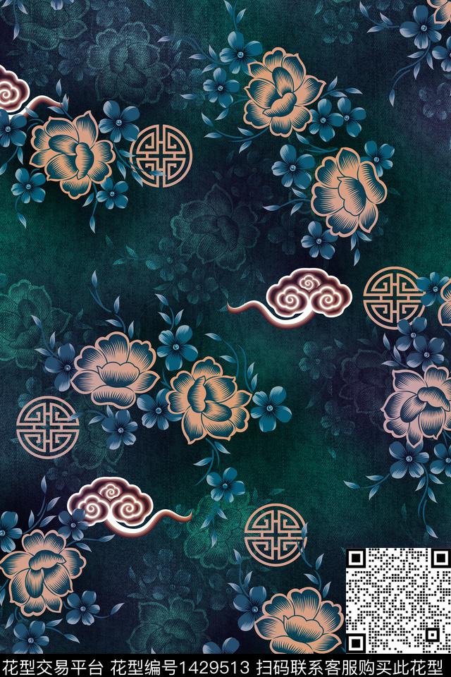 抽象花卉复古花卉数码印花华亿平台下载（图片编号: 1429513） - 瓦栏（Walan）
