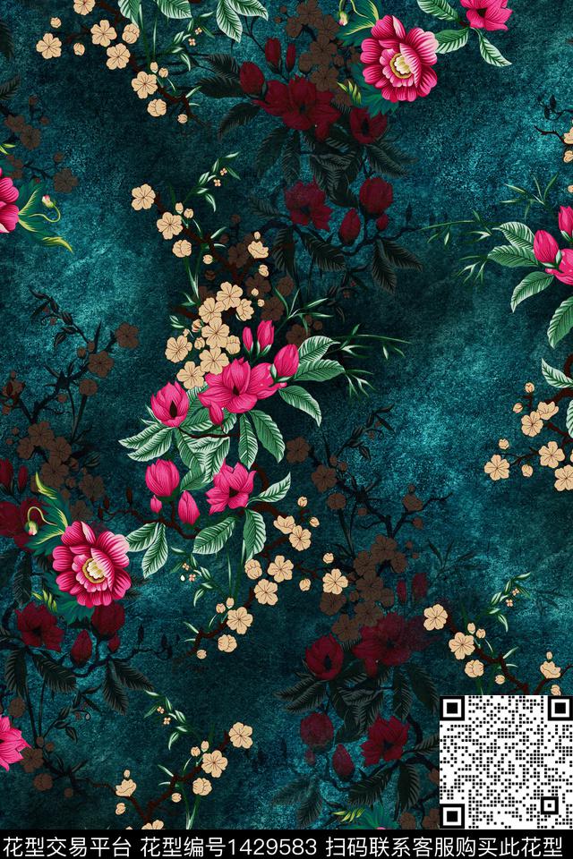 花卉香云纱大牌风数码印花华亿平台下载（图片编号: 1429583） - 瓦栏（Walan）