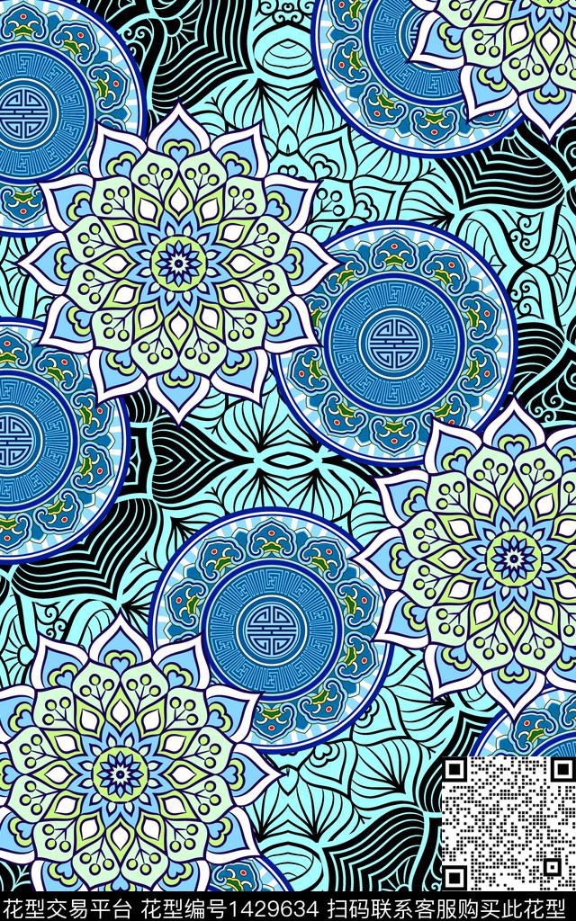 民族风满版散花抽象传统印花华亿平台下载（图片编号: 1429634） - 瓦栏（Walan）