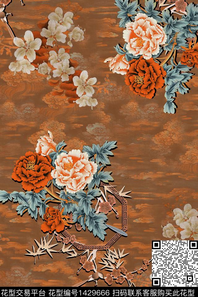 香云纱牡丹中国风数码印花华亿平台下载（图片编号: 1429666） - 瓦栏（Walan）