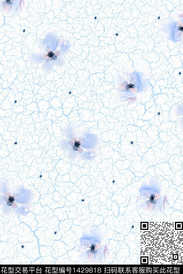 水彩青花瓷清爽底花卉数码印花华亿平台下载（图片编号: 1429818） - 瓦栏（Walan）