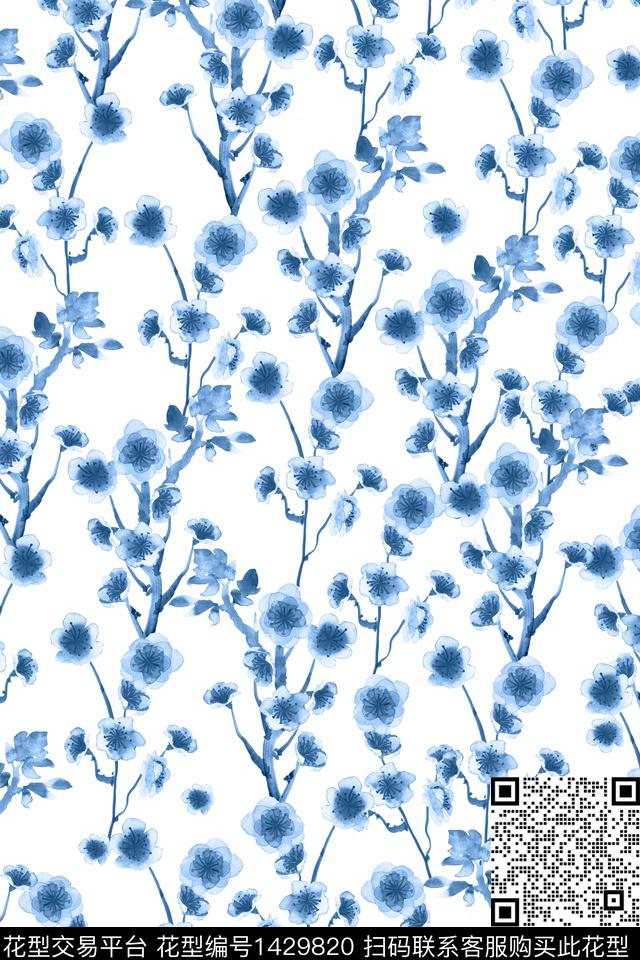 水彩青花瓷清爽底花卉数码印花华亿平台下载（图片编号: 1429820） - 瓦栏（Walan）