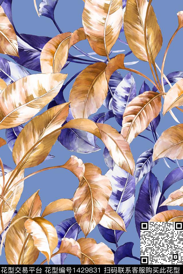 绿植树叶水彩清爽底花卉数码印花华亿平台下载（图片编号: 1429831） - 瓦栏（Walan）