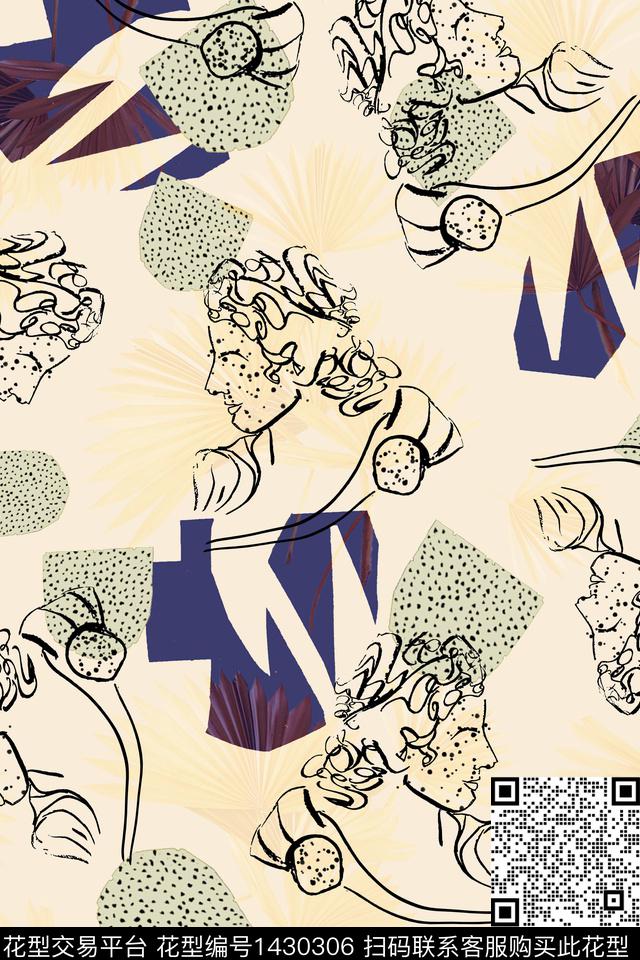 线条人物抽象数码印花华亿平台下载（图片编号: 1430306） - 瓦栏（Walan）