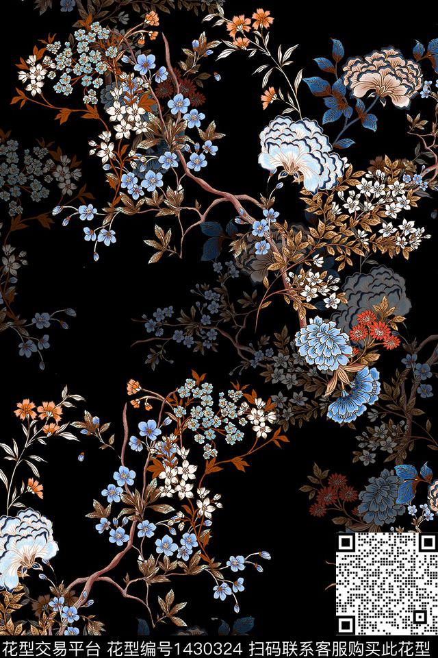 时尚花卉真丝数码印花华亿平台下载（图片编号: 1430324） - 瓦栏（Walan）