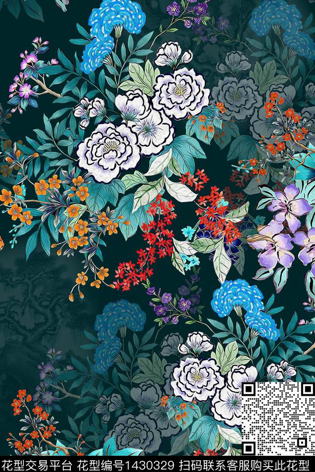 时尚花卉真丝数码印花华亿平台下载（图片编号: 1430329） - 瓦栏（Walan）