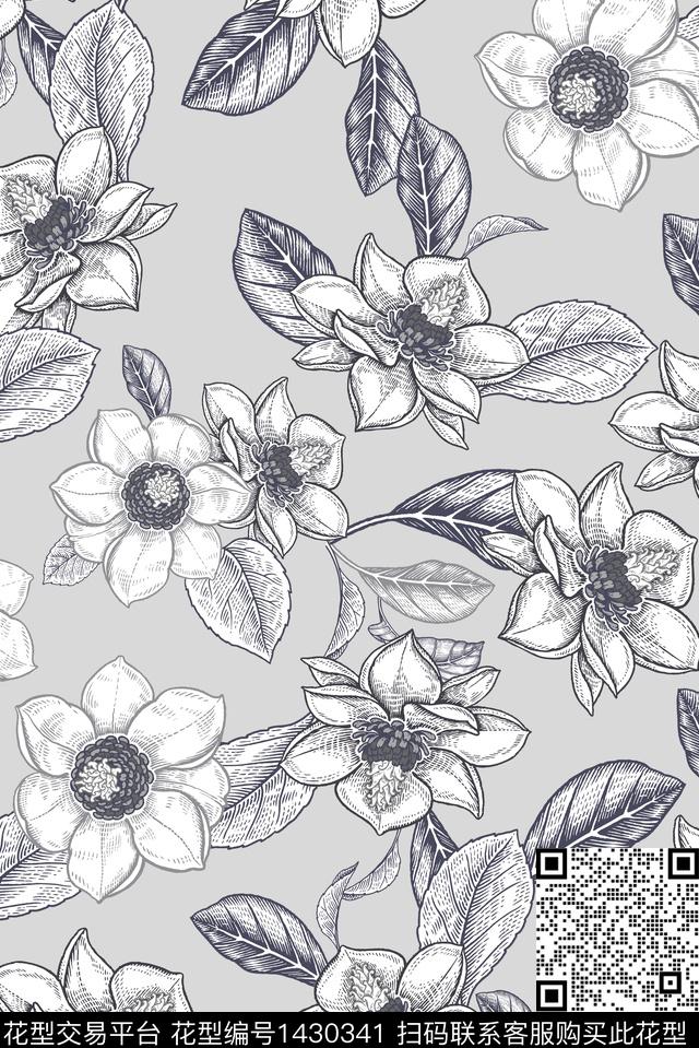 黑白华亿平台花卉春夏华亿平台数码印花华亿平台下载（图片编号: 1430341） - 瓦栏（Walan）