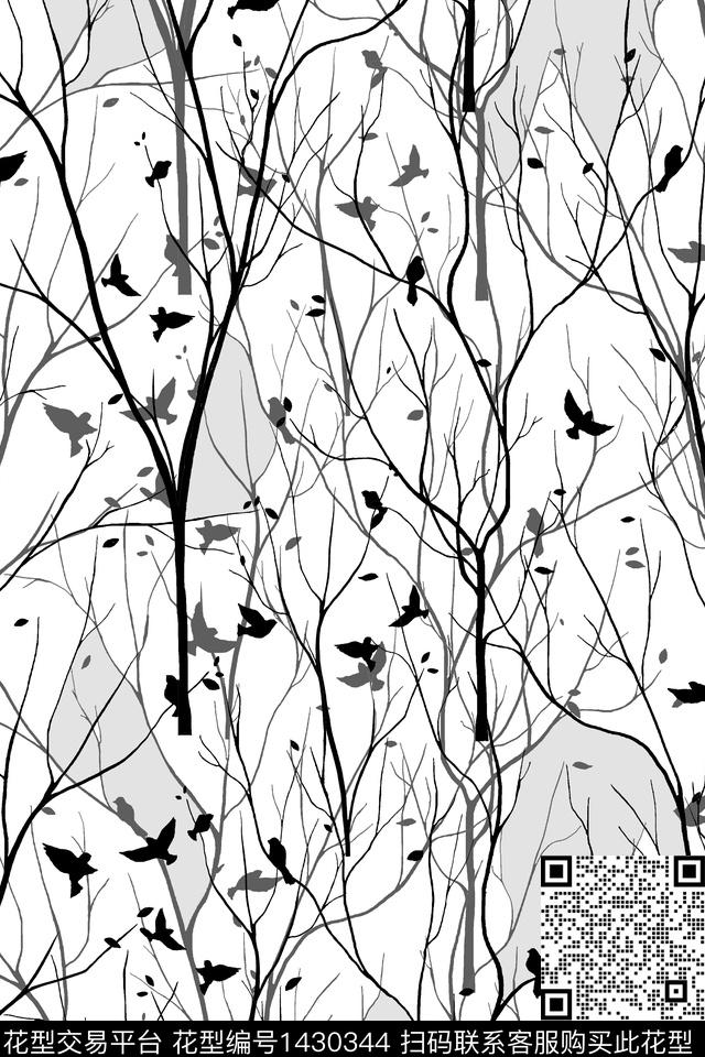 几何树枝清爽底花卉数码印花华亿平台下载（图片编号: 1430344） - 瓦栏（Walan）