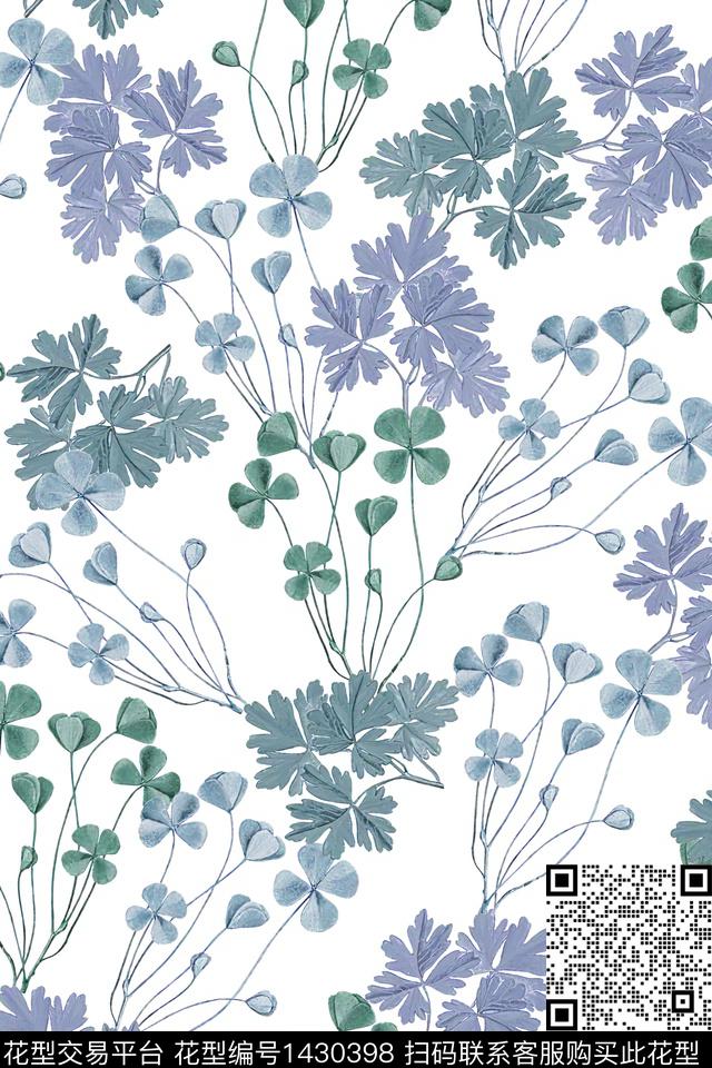 绿植树叶四叶草清爽底花卉数码印花华亿平台下载（图片编号: 1430398） - 瓦栏（Walan）