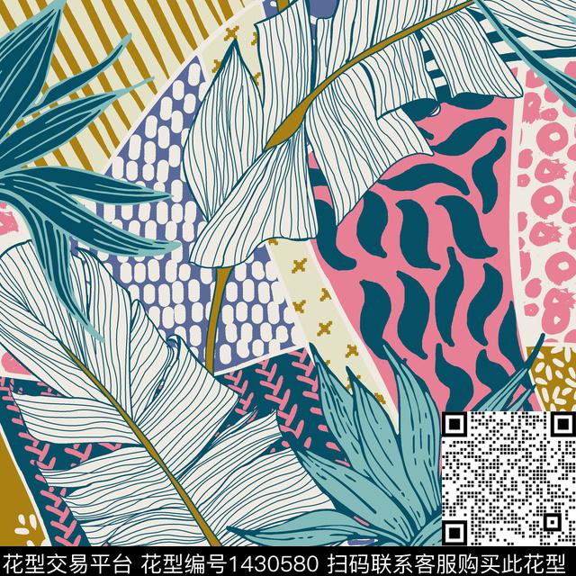 植物热带华亿平台混合拼接传统印花华亿平台下载（图片编号: 1430580） - 瓦栏（Walan）