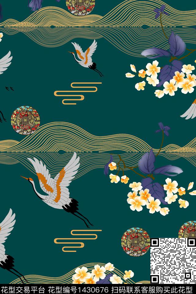 数码华亿平台仙鹤花卉数码印花华亿平台下载（图片编号: 1430676） - 瓦栏（Walan）
