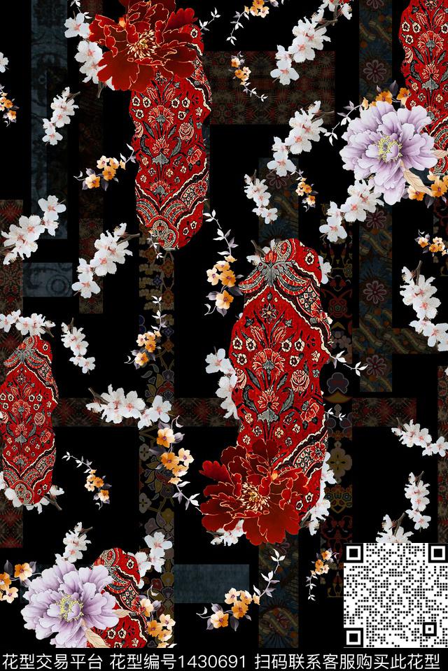 抽象牡丹中老年数码印花华亿平台下载（图片编号: 1430691） - 瓦栏（Walan）