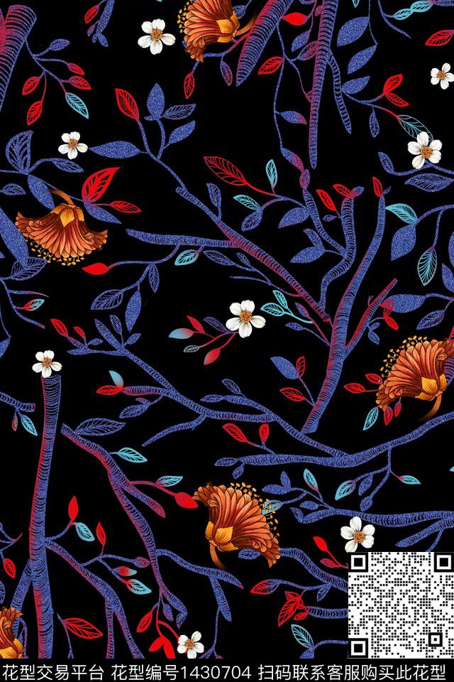 树枝花卉小碎花数码印花华亿平台下载（图片编号: 1430704） - 瓦栏（Walan）