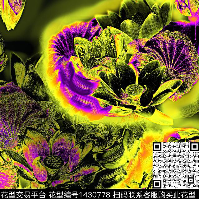荷花花卉混合拼接数码印花华亿平台下载（图片编号: 1430778） - 瓦栏（Walan）