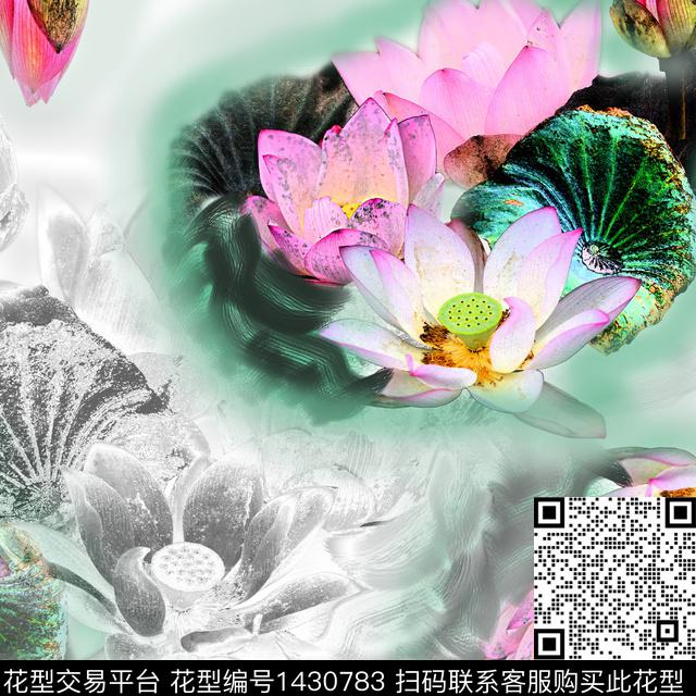 荷花花卉混合拼接数码印花华亿平台下载（图片编号: 1430783） - 瓦栏（Walan）