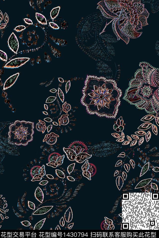 数码华亿平台民族花卉几何数码印花华亿平台下载（图片编号: 1430794） - 瓦栏（Walan）