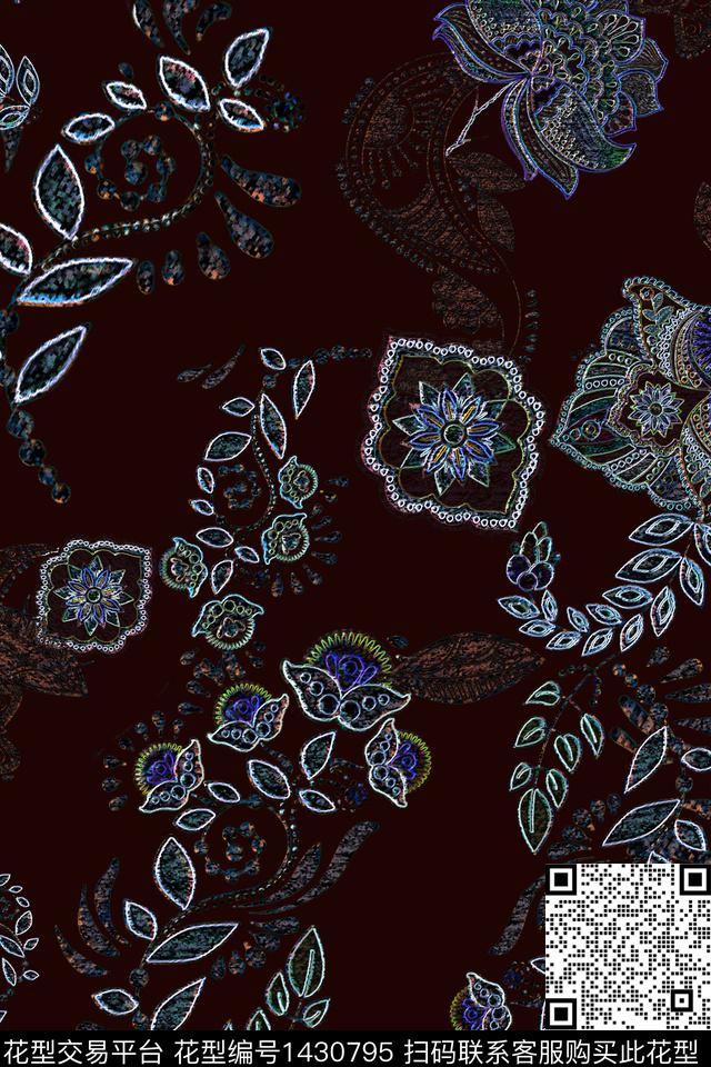 数码华亿平台民族花卉几何数码印花华亿平台下载（图片编号: 1430795） - 瓦栏（Walan）