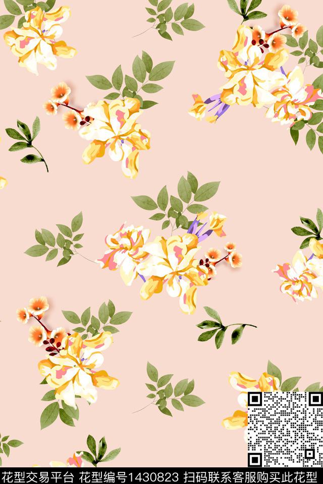 线条水墨风花卉数码印花华亿平台下载（图片编号: 1430823） - 瓦栏（Walan）