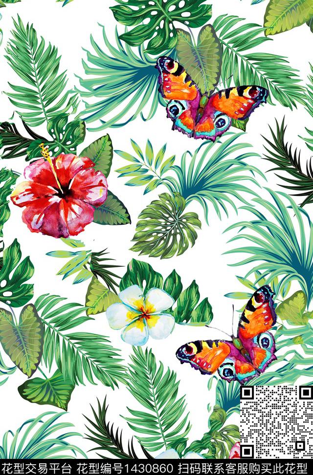 花卉蝴蝶春夏华亿平台棕榈树数码印花华亿平台下载（图片编号: 1430860） - 瓦栏（Walan）