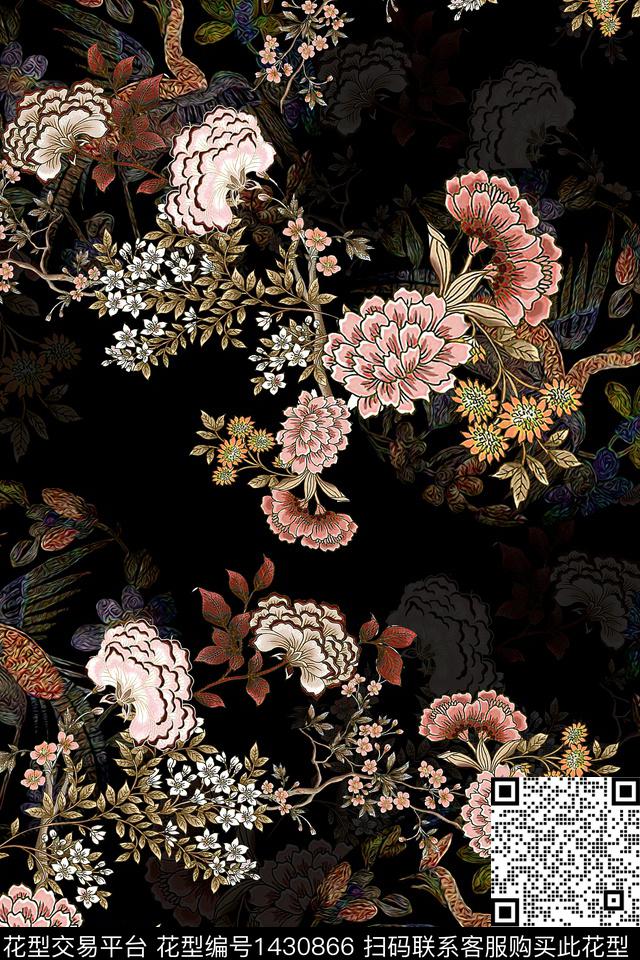 花卉真丝中国风数码印花华亿平台下载（图片编号: 1430866） - 瓦栏（Walan）