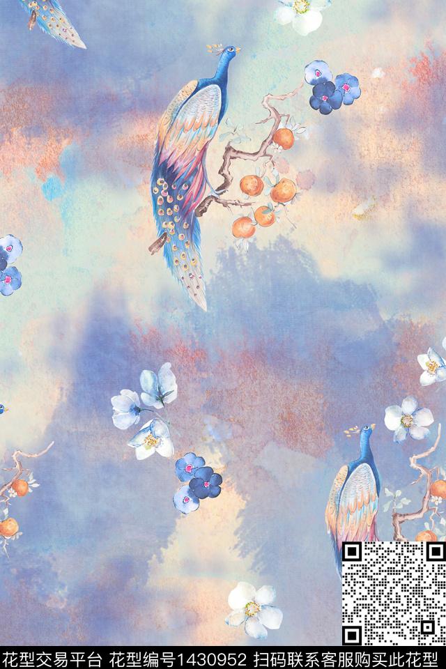 花鸟花卉孔雀数码印花华亿平台下载（图片编号: 1430952） - 瓦栏（Walan）