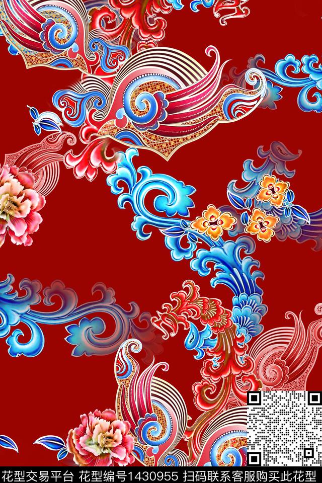 绘画旗袍香云纱数码印花华亿平台下载（图片编号: 1430955） - 瓦栏（Walan）