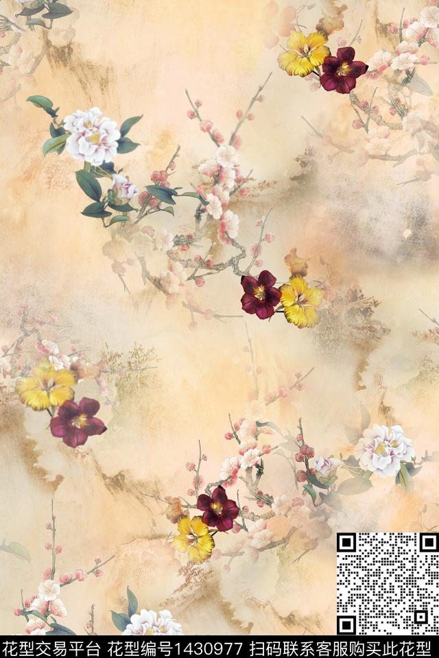 梨花花卉真丝数码印花华亿平台下载（图片编号: 1430977） - 瓦栏（Walan）