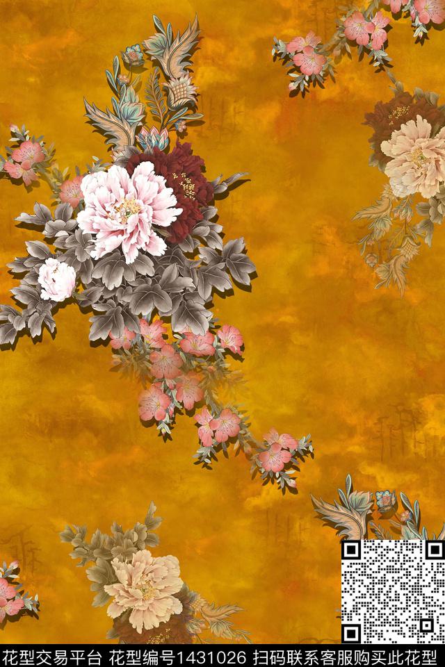 香云纱中国风牡丹数码印花华亿平台下载（图片编号: 1431026） - 瓦栏（Walan）