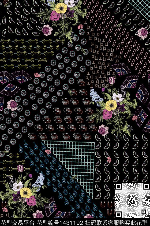 女装花卉混合拼接数码印花华亿平台下载（图片编号: 1431192） - 瓦栏（Walan）