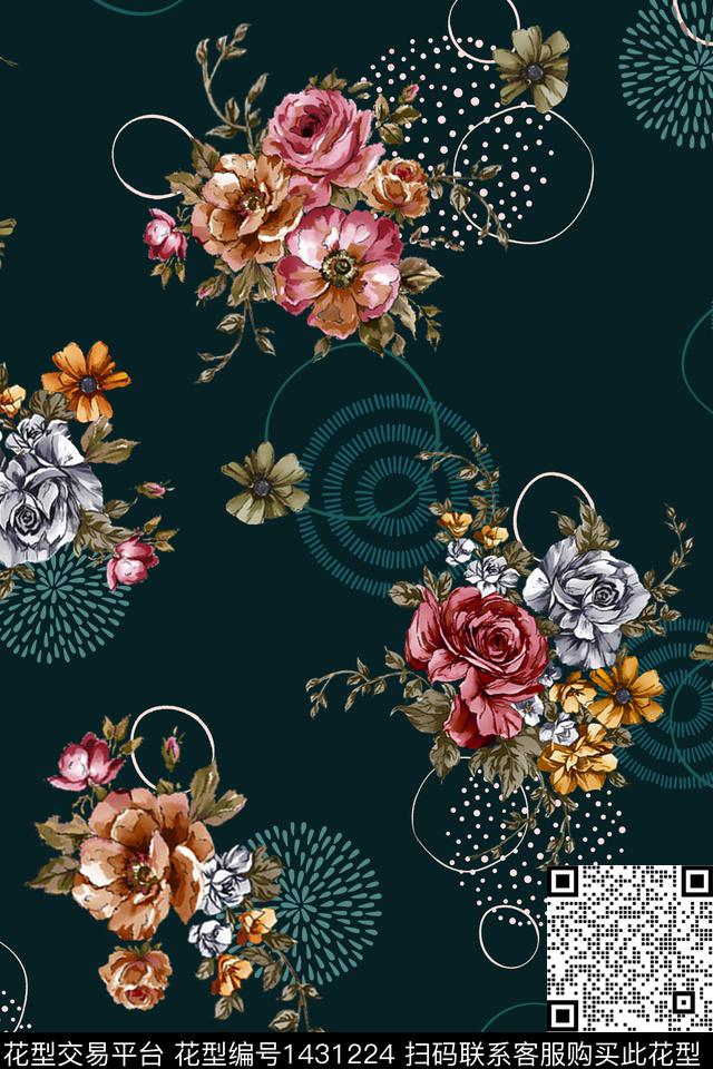 黑底花卉民族风花卉数码印花华亿平台下载（图片编号: 1431224） - 瓦栏（Walan）