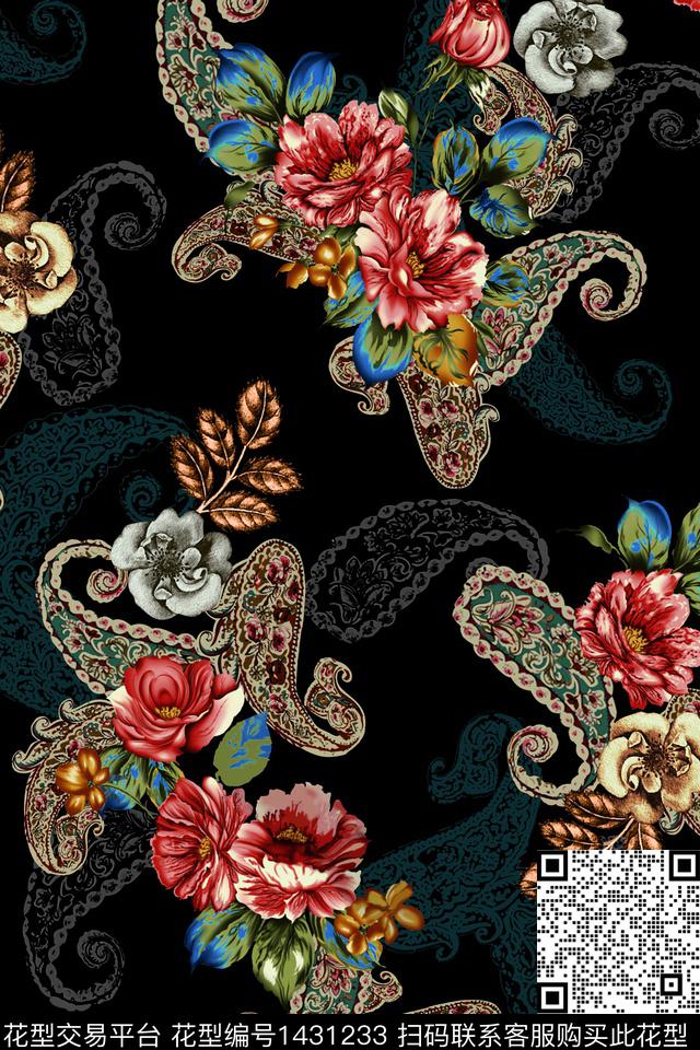黑底花卉民族风花卉数码印花华亿平台下载（图片编号: 1431233） - 瓦栏（Walan）