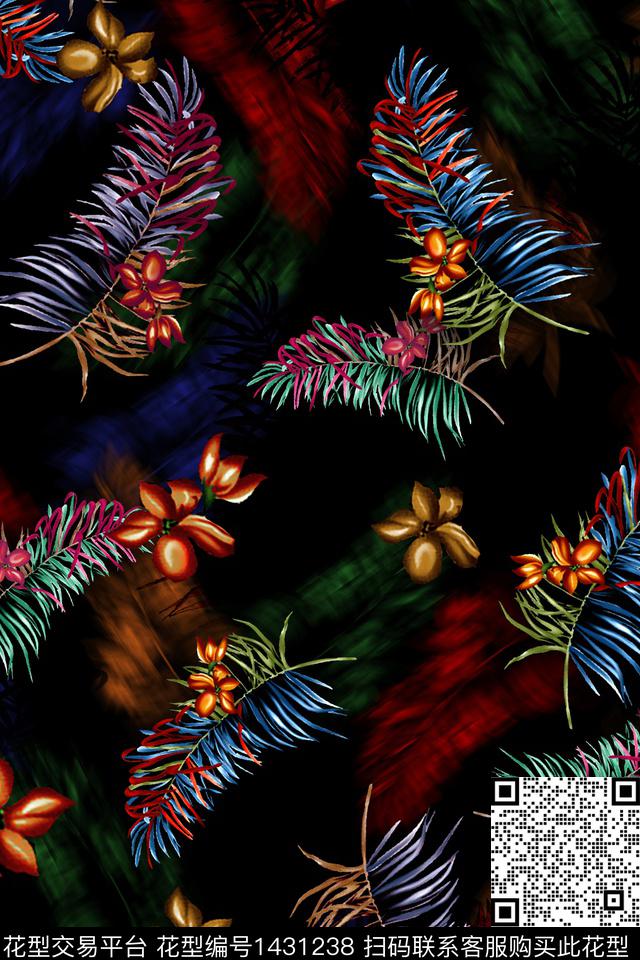 黑底花卉民族风花卉数码印花华亿平台下载（图片编号: 1431238） - 瓦栏（Walan）