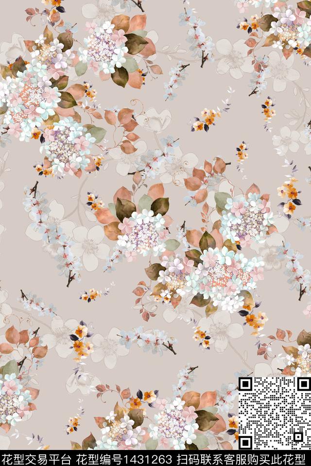 连衣裙绣球花小碎花数码印花华亿平台下载（图片编号: 1431263） - 瓦栏（Walan）