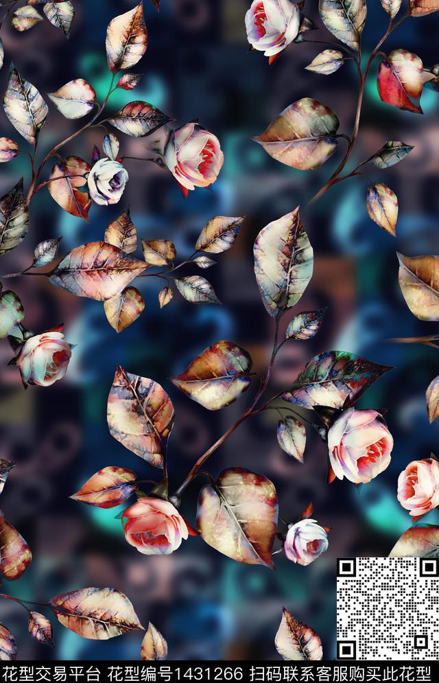 连衣裙底纹玫瑰花数码印花华亿平台下载（图片编号: 1431266） - 瓦栏（Walan）