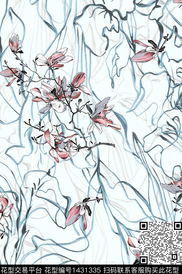 线条底纹花卉数码印花华亿平台下载（图片编号: 1431335） - 瓦栏（Walan）