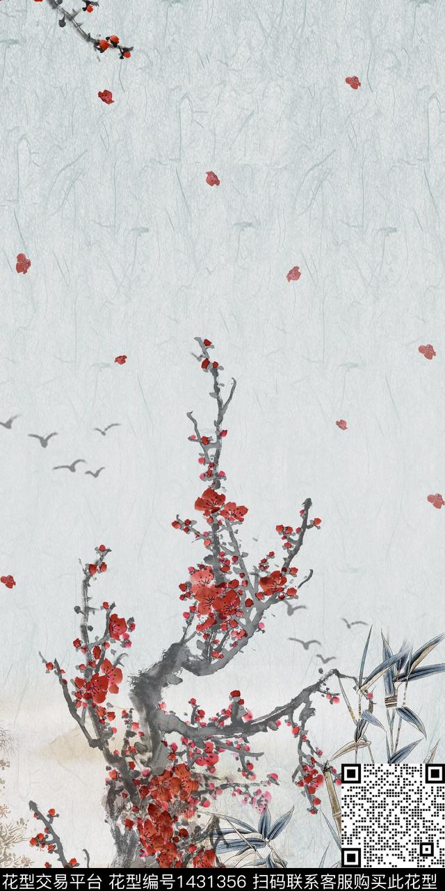 花卉定位花中国风数码印花华亿平台下载（图片编号: 1431356） - 瓦栏（Walan）