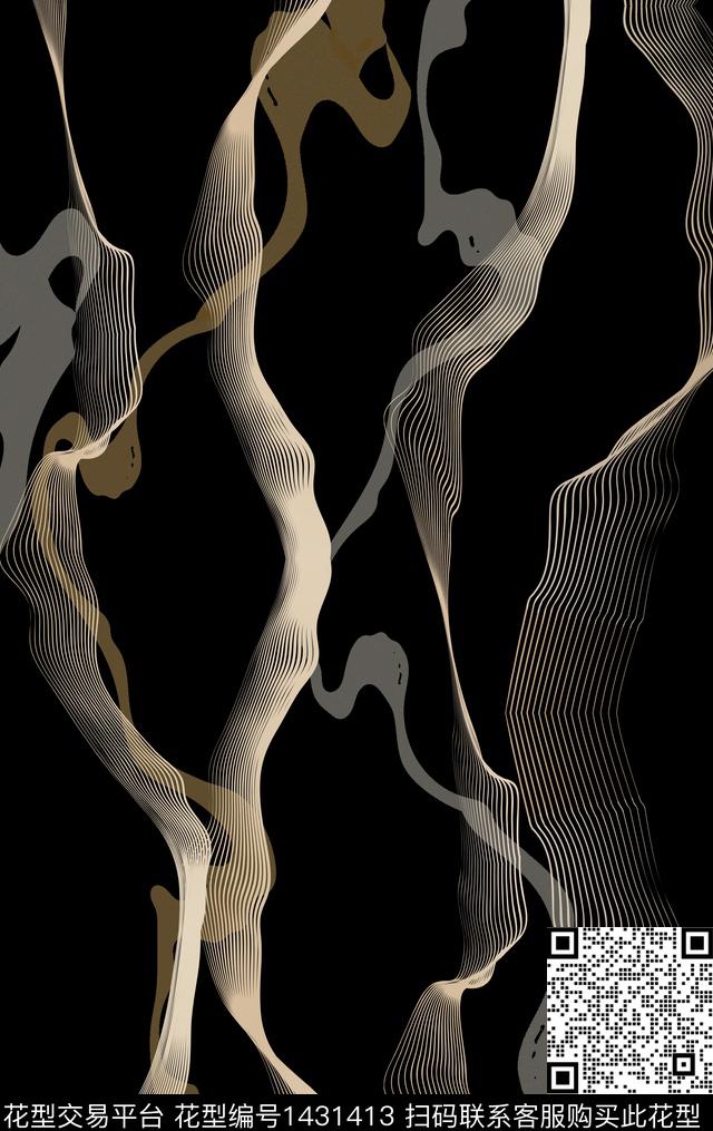 线条黑底花卉抽象传统印花华亿平台下载（图片编号: 1431413） - 瓦栏（Walan）