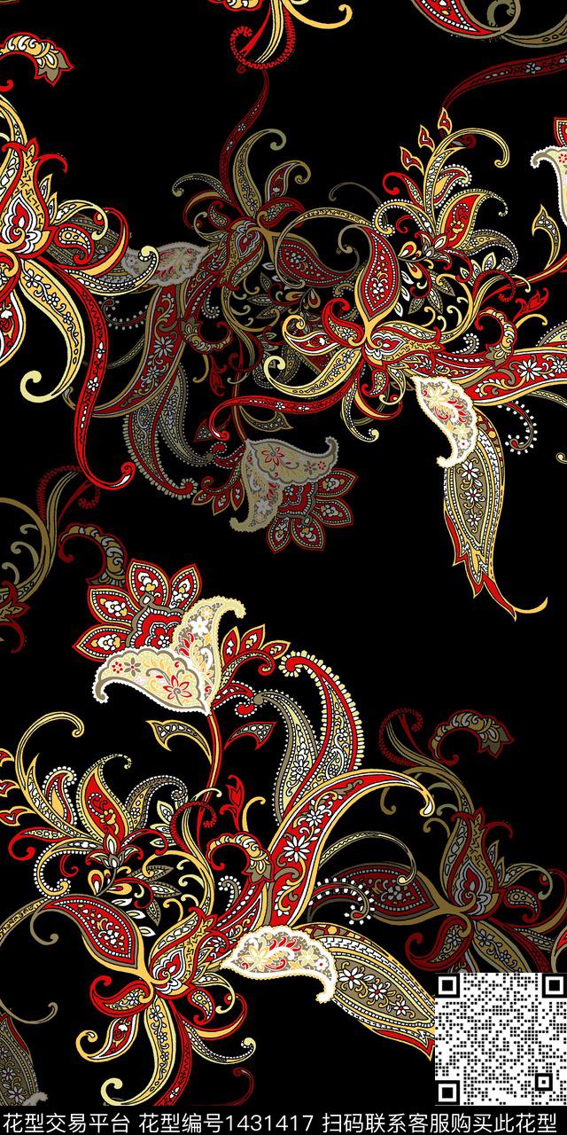 几何佩斯利民族风数码印花华亿平台下载（图片编号: 1431417） - 瓦栏（Walan）