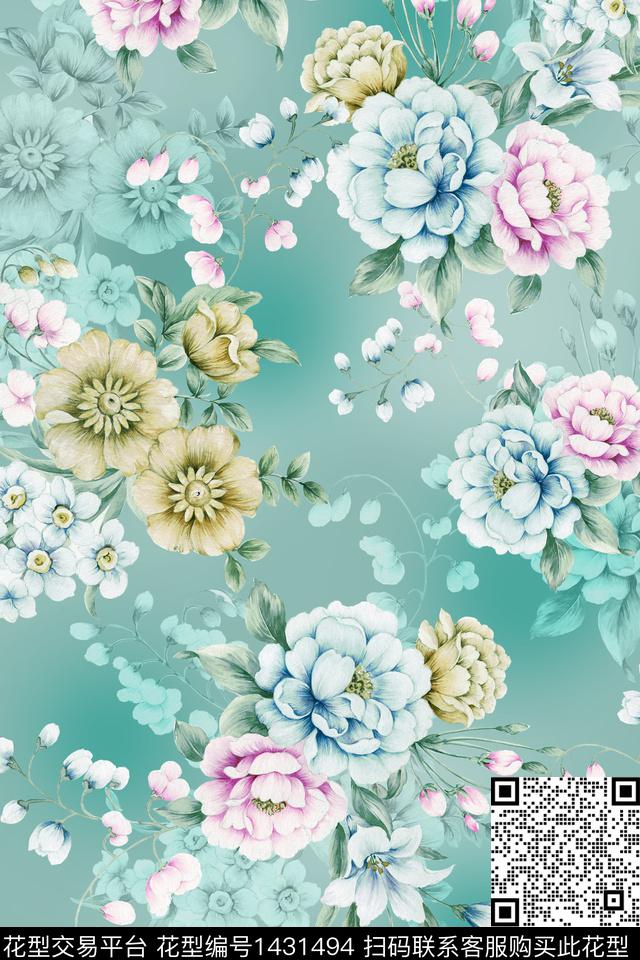 时尚花卉真丝数码印花华亿平台下载（图片编号: 1431494） - 瓦栏（Walan）