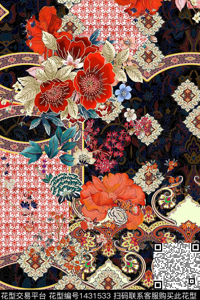 民族风花卉真丝数码印花华亿平台下载（图片编号: 1431533） - 瓦栏（Walan）