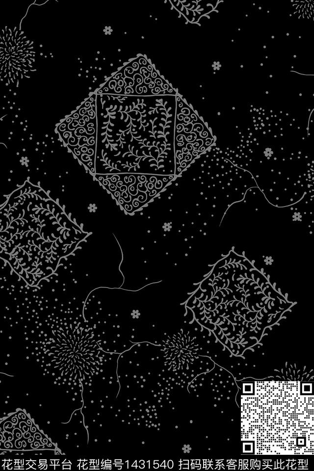 黑底花卉佩斯利民族风数码印花华亿平台下载（图片编号: 1431540） - 瓦栏（Walan）