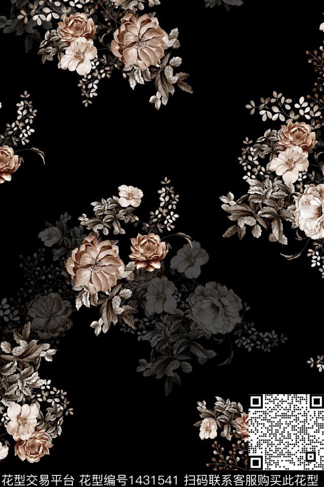 黑底花卉花卉香云纱数码印花华亿平台下载（图片编号: 1431541） - 瓦栏（Walan）