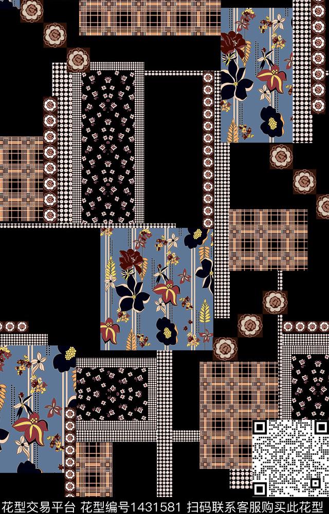 黑底花卉几何民族风数码印花华亿平台下载（图片编号: 1431581） - 瓦栏（Walan）