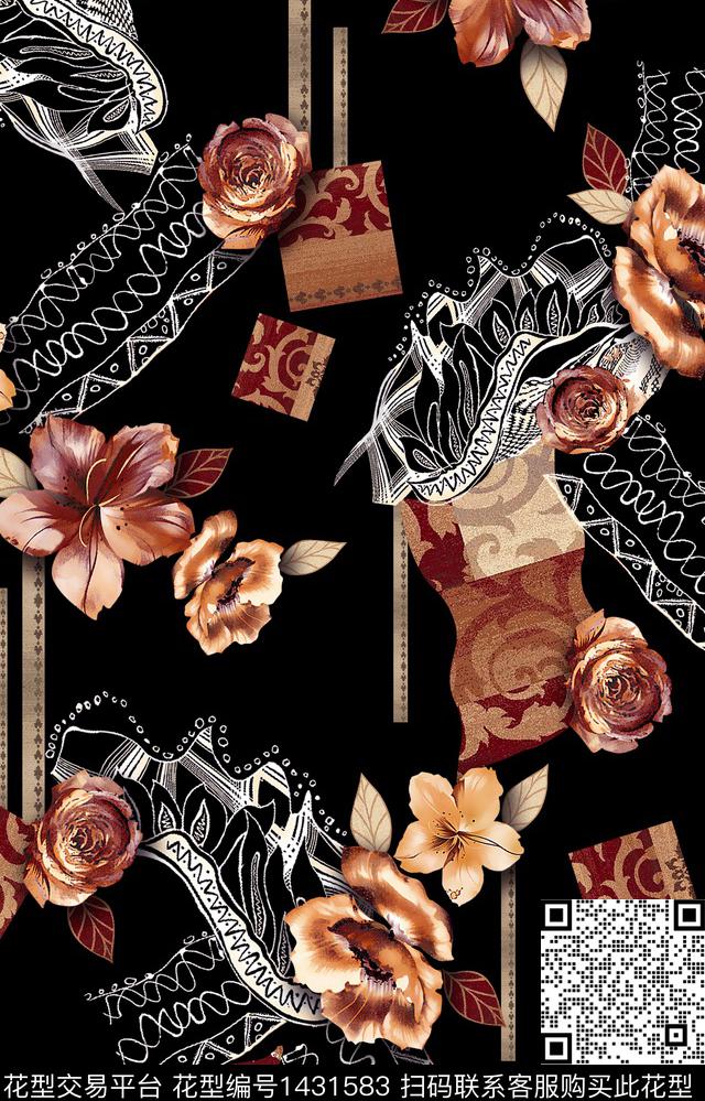 黑底花卉几何民族风数码印花华亿平台下载（图片编号: 1431583） - 瓦栏（Walan）