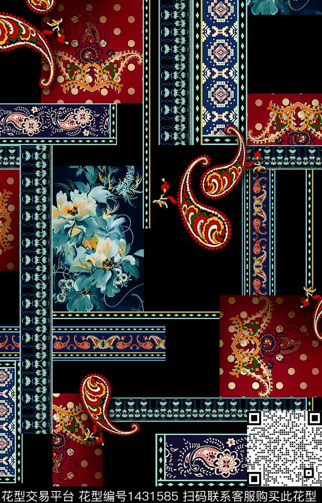 黑底花卉几何民族风数码印花华亿平台下载（图片编号: 1431585） - 瓦栏（Walan）
