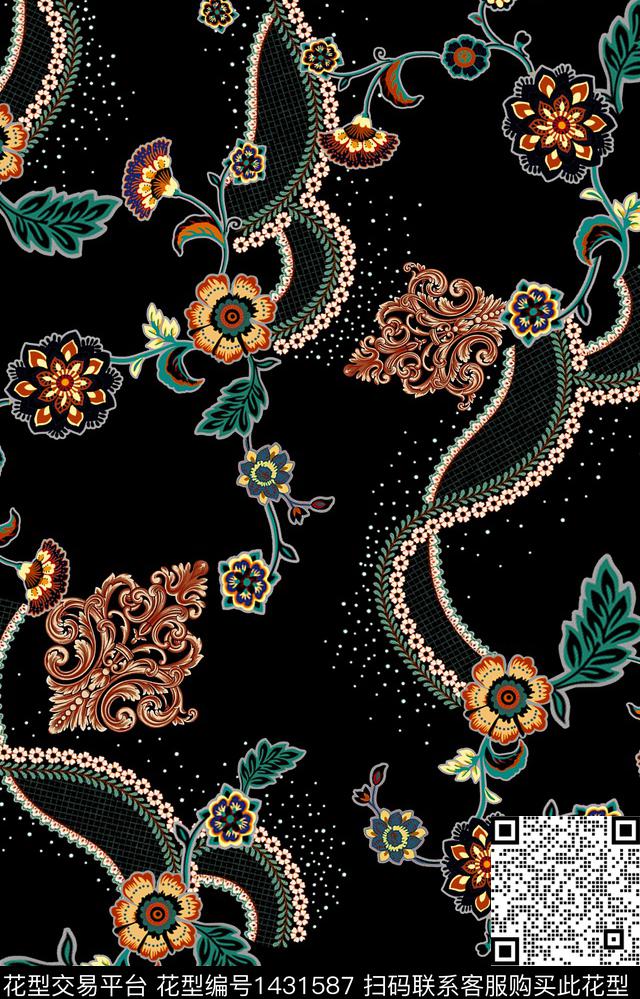 黑底花卉几何民族风数码印花华亿平台下载（图片编号: 1431587） - 瓦栏（Walan）