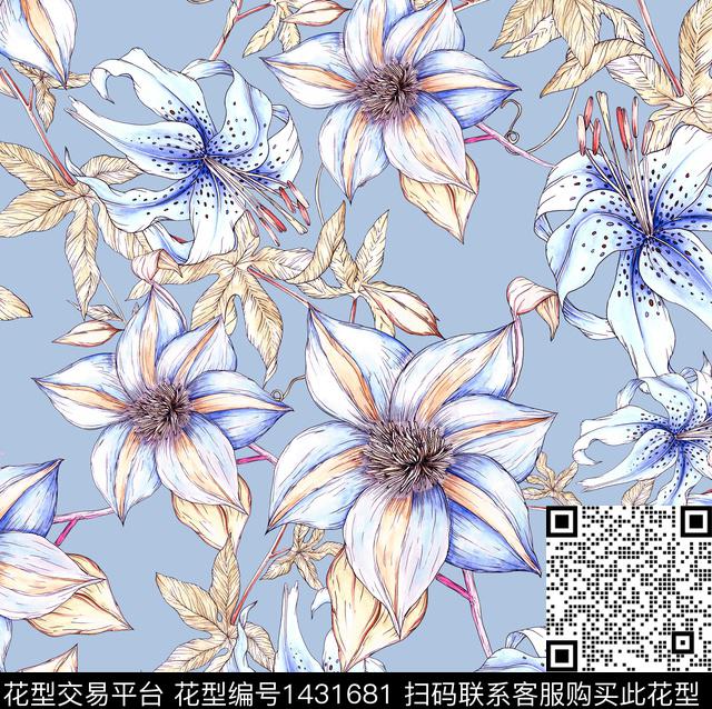 大花手绘花卉清新淡雅数码印花华亿平台下载（图片编号: 1431681） - 瓦栏（Walan）
